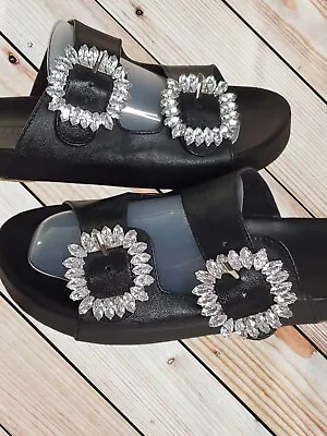 Women's Sandal Mystique Slide With Rhinestone Buckles Melbourne Black US Size 8 • $124.99