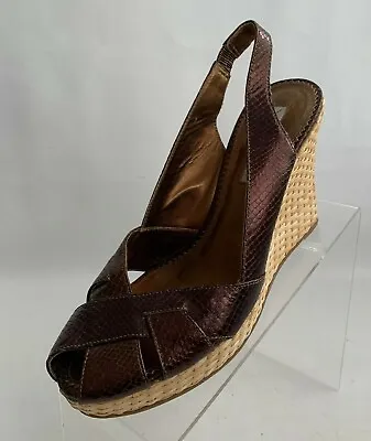 Via Spiga Wedge Slingback Woven Bronze Leather Snake Print Peep Toe Size 8.5M • $24.95