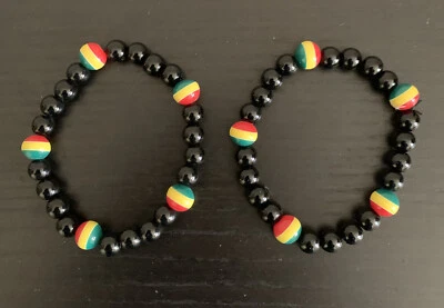 $3.50 • Buy Tiger Smile Rasta Beads Elastic Bracelet Black Green Yellow Red Set Of 2 (Balls)