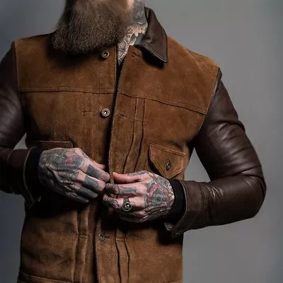 Men Suede Vintage Brown Leather Jacket 80s Trucker Suede Coat • $109.69