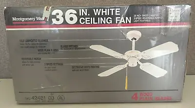 Vintage 1980s Montgomery Ward 36  White Ceiling Fan 4 Wood Blade 42481 NEW • $139.95