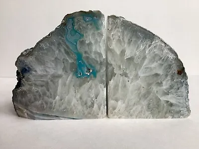 Quartz Geode Crystal Agate Bookends Set Pair Blue Aqua Turquoise 5lb 4” Polished • $24.99