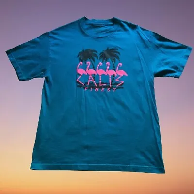 $18.94 • Buy Cali's Finest Large Fluorescent Blue Large T Shirt Pink Palm Trees Flamingos