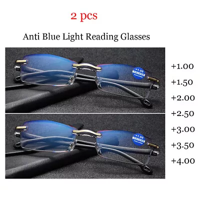 2 Pcs Rimless Reading Glasses +1.0 1.5 2.0 2.5 3.0 3.5 4.0 Anti Blue Light Lens • £5.99