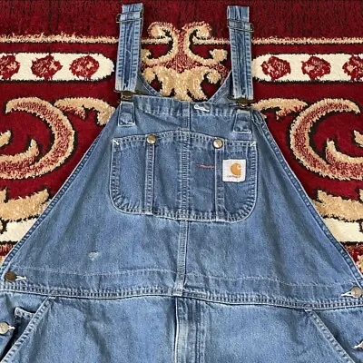 Vintage Carhartt Denim Blue Jean Carpenter Bib Overalls Mens Size 48x28 / 46x28 • $39.99