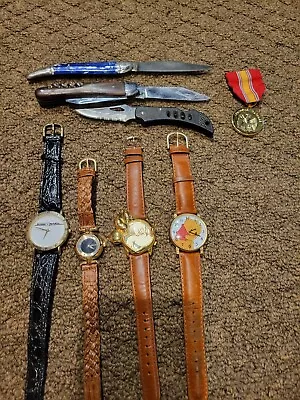 Junk Drawer Lot Vintage Collectibles WATCHES KNIVES AND MILITARY MEDAL • $15