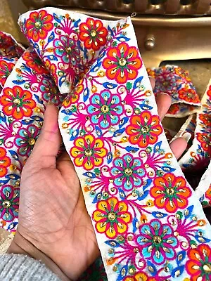 £9.99 • Buy 1m 8.5cm Wide Indian Flower Embellished Embroidery Trim Flower Trimming Ribbons