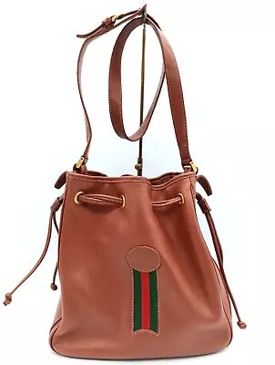 Vintage Gucci Shoulder Bucket Drawstring Bag Sherry Line Leather Brown Authentic • $688