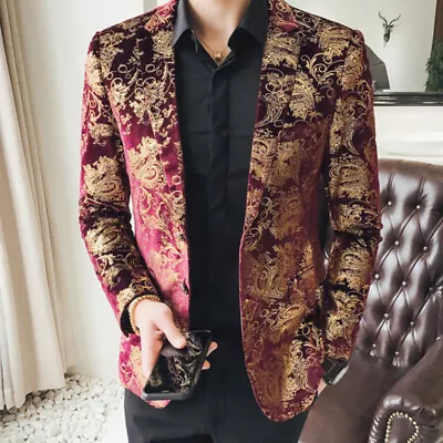 Men Velvet Foil Print Suit Jacket Dress Blazer Dinner Party Showman Tops Coat • $70.89