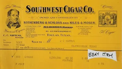 1918 Billhead Dallas TX SOUTHWEST CIGARS ROTHENBERG SCHLOSS NILES MOSER HAVANA  • $55.30