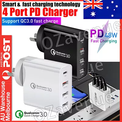 48W 4-Port Qualcomm Charger Quick Charge 3.0 USB C Wall Power Adapter Type C AU • $16.75