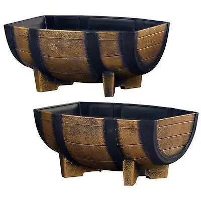 2PACK Garden Half Barrel Flower Planter Pot Wooden Oak Effect Outdoor Decoration • £16.95