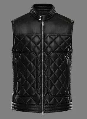 Mens Black Bubble Style Leather Diamond Cuts Motorcycle Concealed Waistcoat Vest • $98