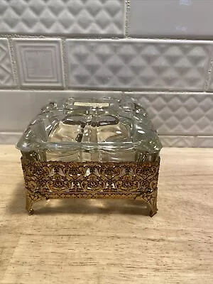 Vintage Filigree Jewelry Casket Trinket  Box Metal & Thick Glass Ormolu W/Lid • $40