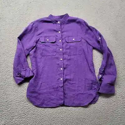 Lauren Ralph Lauren Shirt Womens Medium Purple Linen Roll Tab Sleeve Mandarin • $24.97