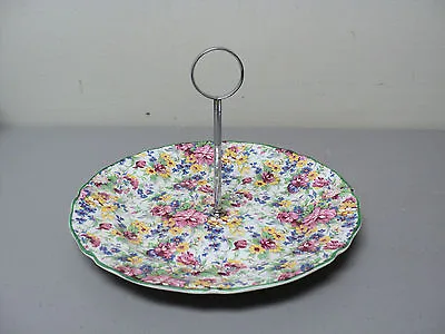NICE VINTAGE MIDWINTER  SPRINGTIME  CHINTZ DESSERT TRAY With SILVER HANDLE • $149.99