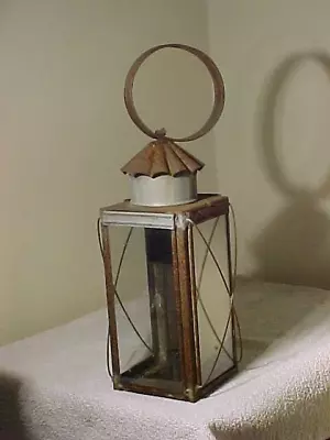 Antique Lantern Lamp Tin /glass Candle Hang Sit Carry  W/ SLID OUT CANDLE HOLDER • $79.99