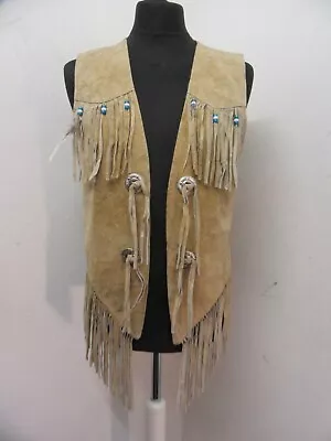 Womans Vintage Leather Cowgirl Tasselsbeads Waist Coat Vest Jacket Size Uk 12 • £49