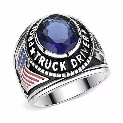 Men's Stainless Steel Trucker US Truck Driver Blue Red  USA Flag Ring • $17.95