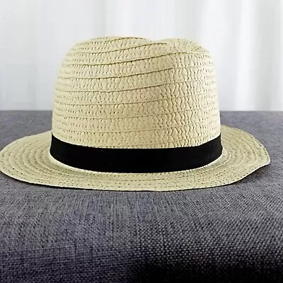 Vintage Short Brim Straw Fedora Trilby Panama Hat Size 7 Or M Black Band • $18