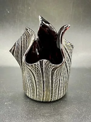 Murano Amethyst Mini Fazzoletto Zanfirico Latticino Art Glass Handkerchief Vase • $72