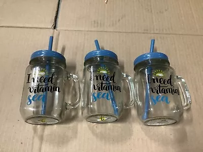 Glass Mason Jar Cup Handle Lid & Straw 16 Ounces Oz I Need Vitamin Sea 3 PACK • $19.95