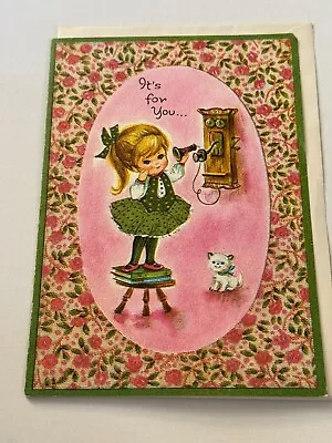 Vintage Greeting Card Birthday Girl On Phone Cat Kitten Flowers G7 • $3.50