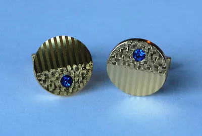 VINTAGE ROUND SAPPHIRE BLUE RHINESTONE CUFFLINK CUFF LINKS GOLD METAL 22mm  • $4.99