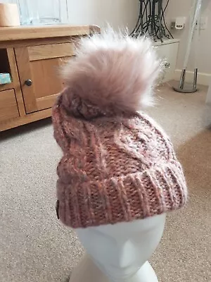 Fat Face Bobble Hat Onesize New Tagged Pink Mottled Wool Blend Faux Fur Bobble • £5