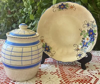 VIntage TRADEMARK Lidded Blue & White Lidded Jar & Enamel Painted Bowl-Japan • $30