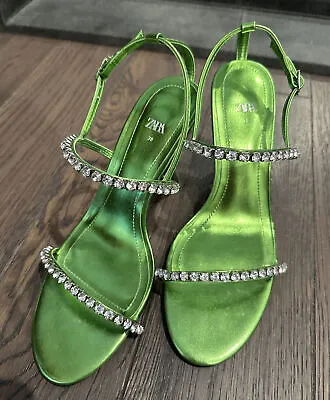 $5 • Buy Zara Green Metallic Embellished Strappy Heels Sandals Women’s 38 US 8