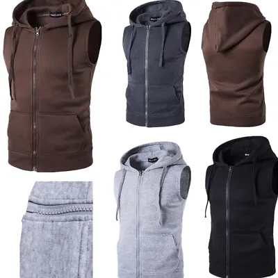  Men's Sleeveless Hooded Hoodie Tank Top Solid Zip-up Sport Vest Workout Tops • $14.82