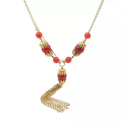 Vintage Czech Gold Tone Chain Necklace Red Plastic Beads • $5