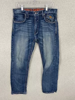 Harley Davidson Mens Jeans 34x29  Blue Denim Straight Thick Stitched • $34.79