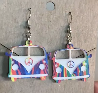 Tie Dye Groovy Hippie Peace Bus Van VW Earrings On Hypoallergenic Hook Unique • $14