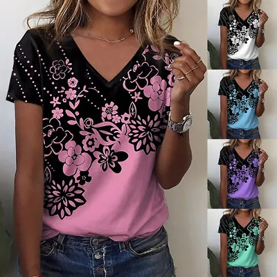 $10.12 • Buy Womens Floral Short Sleeve T-Shirt Tops Ladies Summer Casual V Neck Blouse Tee