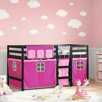 Kids' Loft Bed With Curtains Bunk Pink 90x200 Cm Solid Wood Pine VidaXL • £176.99