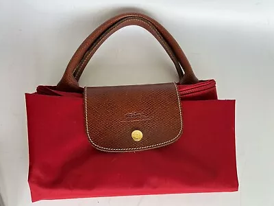 Large Longchamp Le Pliage Red Nylon Leather Tote GREAT NEAR MINT COND 18 X 10 X8 • $60