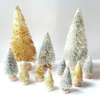 LOT 11 Mini METALLIC SILVER & GOLD Miniature Sisal Bottle Brush Christmas Trees • $19.95