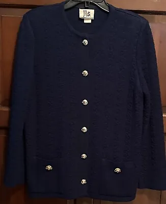 Vintage Mita Women Blue Knit Krinkle Long Sleeve Button Cardigan Sweater Sz 10 M • $27.99