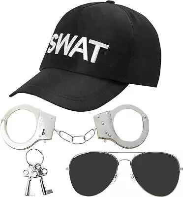 Mens SWAT Costume Accessories Halloween Fancy Dress 3pc Hat Handcuffs Sunglasses • £7.99