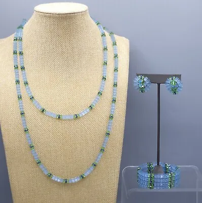 Rare Parure Vendome Blue Satin Glass Crystal Bead Necklace Bracelet Earrings • $256.43