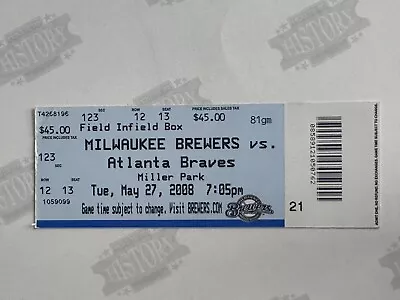 2008 Atlanta Braves At Milwaukee Brewers Ticket 5/27/08 • $6