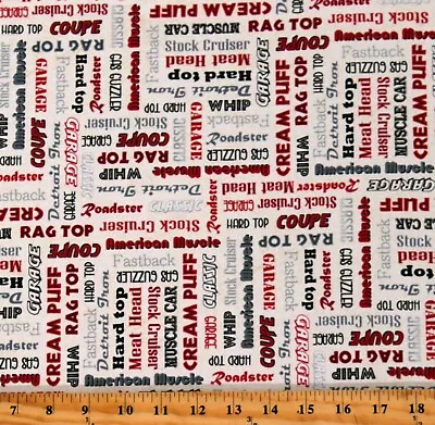 Cotton Cars Words Phrases American Muscle Fabric Print By The Yard D677.87 • $12.95