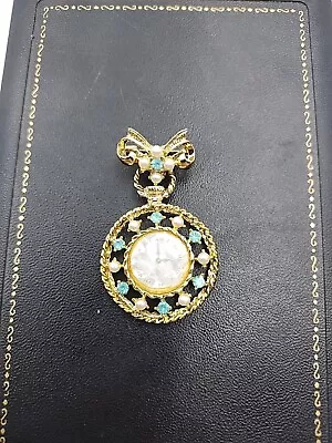 Vintage Ornate Clock Face Dangle Brooch Blue Rhinestones & Faux Pearls Gold Tone • $17.97