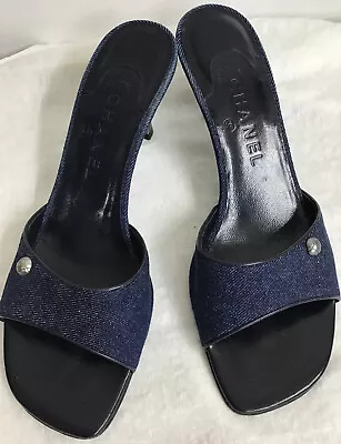 Chanel Shoe Blue Denim Pewter Heel 3” Vintage Slide Pueter Button Size 39.5 • $350