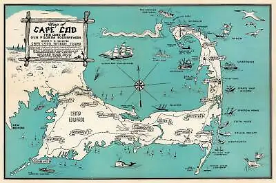 Map Of Cape Cod - Towns Of Provincetown Shipwrecks Pirate Ship Wall Art Poster • $13.95