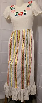 VINTAGE Handmade Mexican Style Long Embroidered Dress Metal Zipper Festival • $14.99