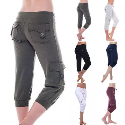 Ladies 3/4 Trousers Womens Three Quarter Elasticated Waist Capri Cropped Pants • £11.99