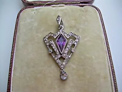 Antique (Art Nouveau) Edwardian Silver Amethyst & Clear Paste Pendant. • £12.99